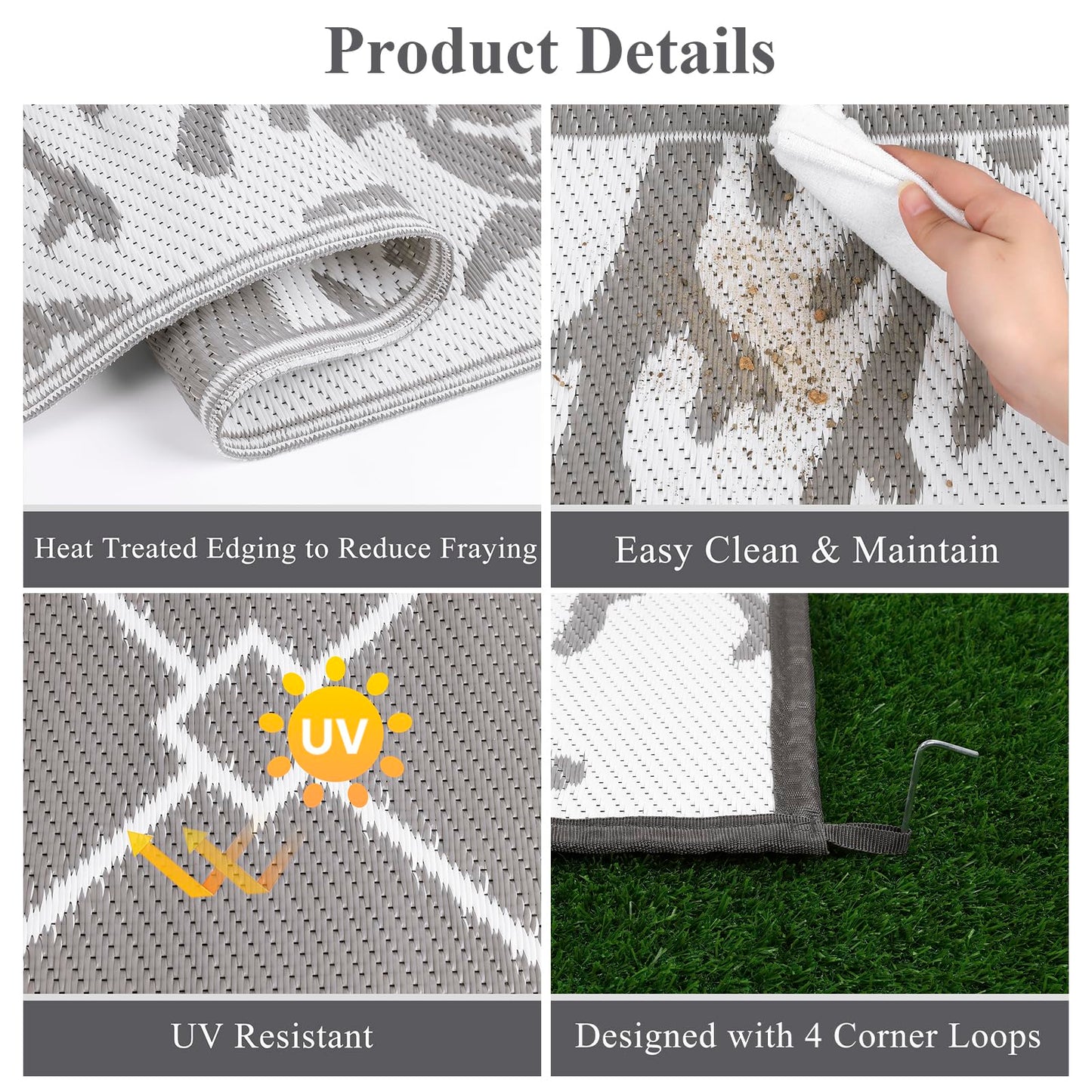 Vaukki Reversible Rugs, Plastic Straw Outdoor Doormat, Fade Resistant Plastic Outdoor Patio Mat, Lightweight Ocean Area Carpet for Patio, RV, Camping, Beach, Deck, Backyard and Picnic (Grey, 6'x9')