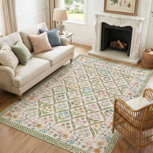 jinchan Haden 5x7 Vintage Floral Area Rug for Living Room Bedroom Soft Non-Slip Low Pile Washable Cottage Decor Dining Room Home Office Girls Dorm Carpet Sage Green