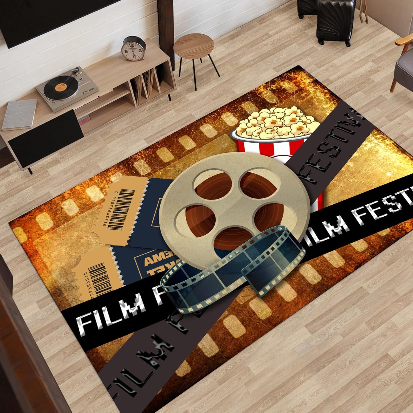 Film Festival Themed Rug, 6x8ft Soft Kids Bedroom Carpet, Non-Slip Easy Clean Rug, Film Reel Ticket Popcorn Carpet, Rustic Entrance Bathroom Mat, for Living Room Family Room Movie Area