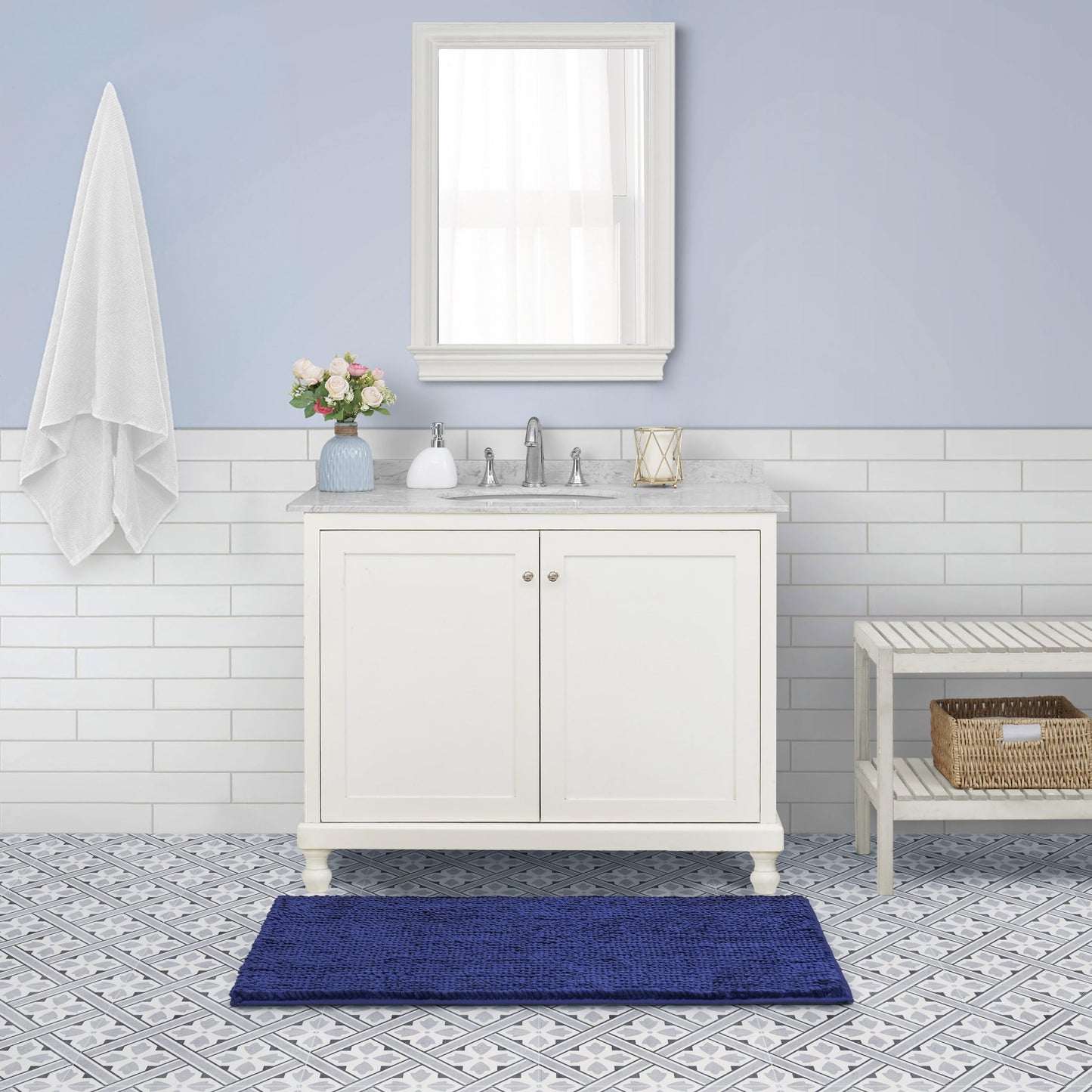 Laura Ashley Butter Chenille Bath Rug, Absorbent Shaggy Bathroom Mat, Non Slip Plush Carpet Rugs for Tub and Sink - (27'' x 45'') Navy