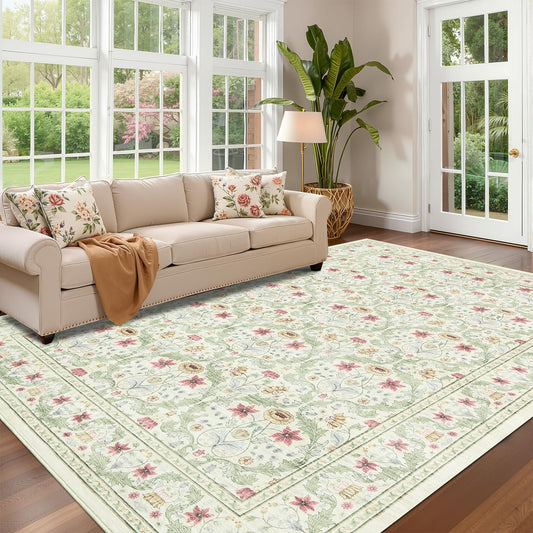 Garvee Area Rug 5x7, Washable Rugs for Living Room Dining Room, Non Slip Soft Low Pile Rug for Bedroom, Vintage Floral Machine Washable Pet Friendly Area Rug for Farmhouse Home Office, Beige