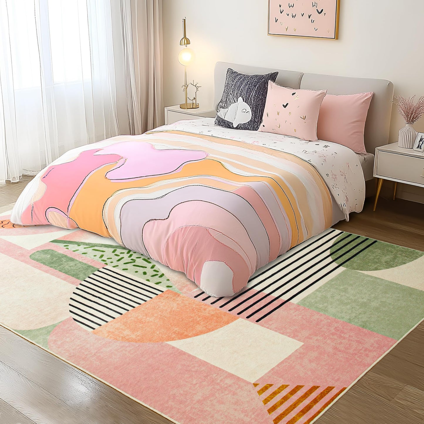 Tepook Pink Area Rug for Living Room, 8x10 Indoor Carpet for Bedroom Washable, Non-Slip Abstract Print Kids Rug for Nursery Playroom Classroom Dorm Office Dining Room