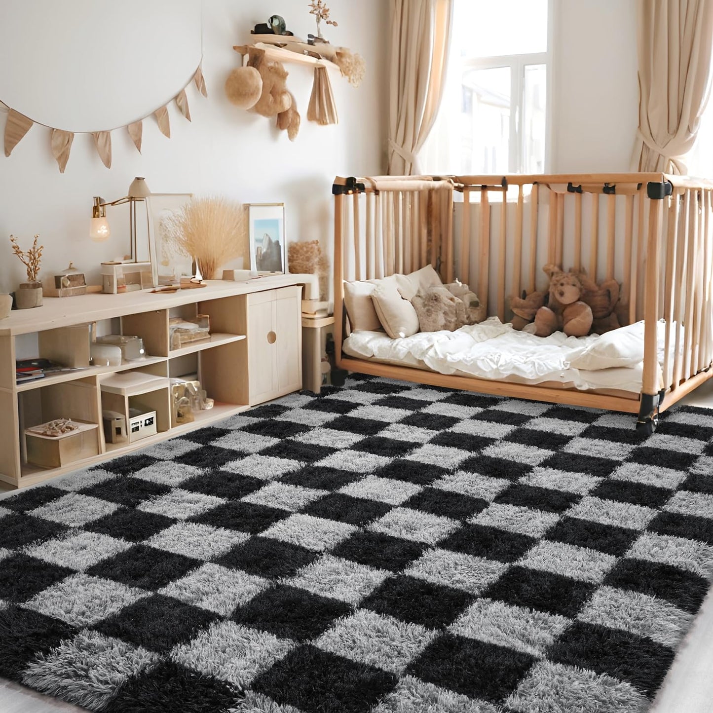 FALARK Rugs for Living Room Bedroom, 6x9 ft Black and Grey Checkered Area Rug, Fluffy Soft Washable Carpet, Modern Non-Slip Shag Carpets for Dorm Home Decor Aesthetic, Nursery, Playroom