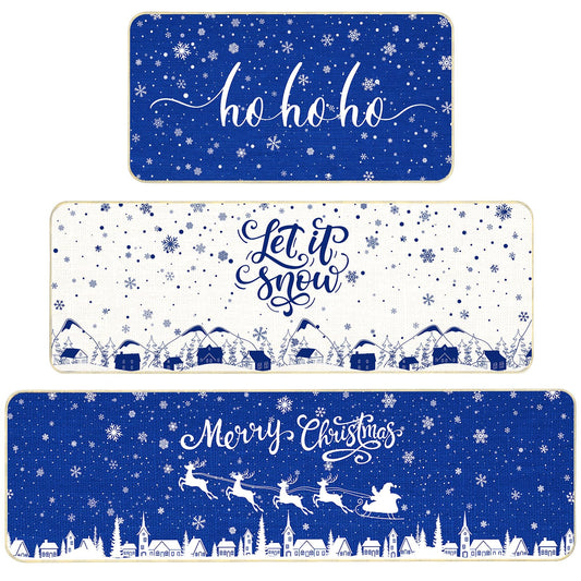 Tinideya 3 Pcs Navy Blue Merry Christmas Snowflakes Kitchen Rugs HOHOHO Let It Snow Blue Kitchen Mats Santa Christmas Decorations Village Indoor Floor Mat for Home Bathroom Decor 16.5 x 31/47/ 59 Inch