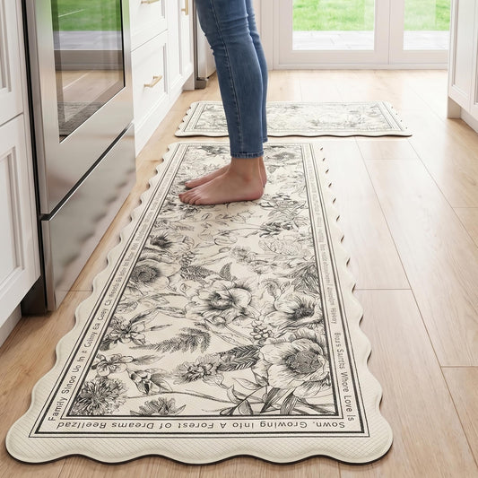 Scalloped Beige Minimalist Black Line Floral Kitchen Rug Sets [2 PCs], Anti-Fatigue, Waterproof Non-Slip Kitchen Mats Heavy Duty Comfort Foam Rug for Kitchen, Floor, Laundry,17.3"x29"+17.3"x47"
