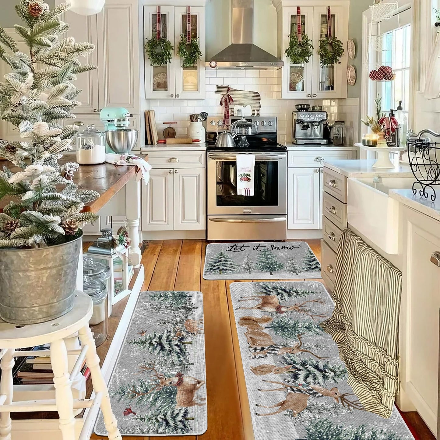 Baccessor Christmas Winter Kitchen Rugs Set of 3, Snowy Pine Tree Deer Cardinal Snowflakes Kitchen Mats Washable Non Slip Rubber Backing Xmas Farmhouse Home Floor Holiday Indoor Laundry Decor