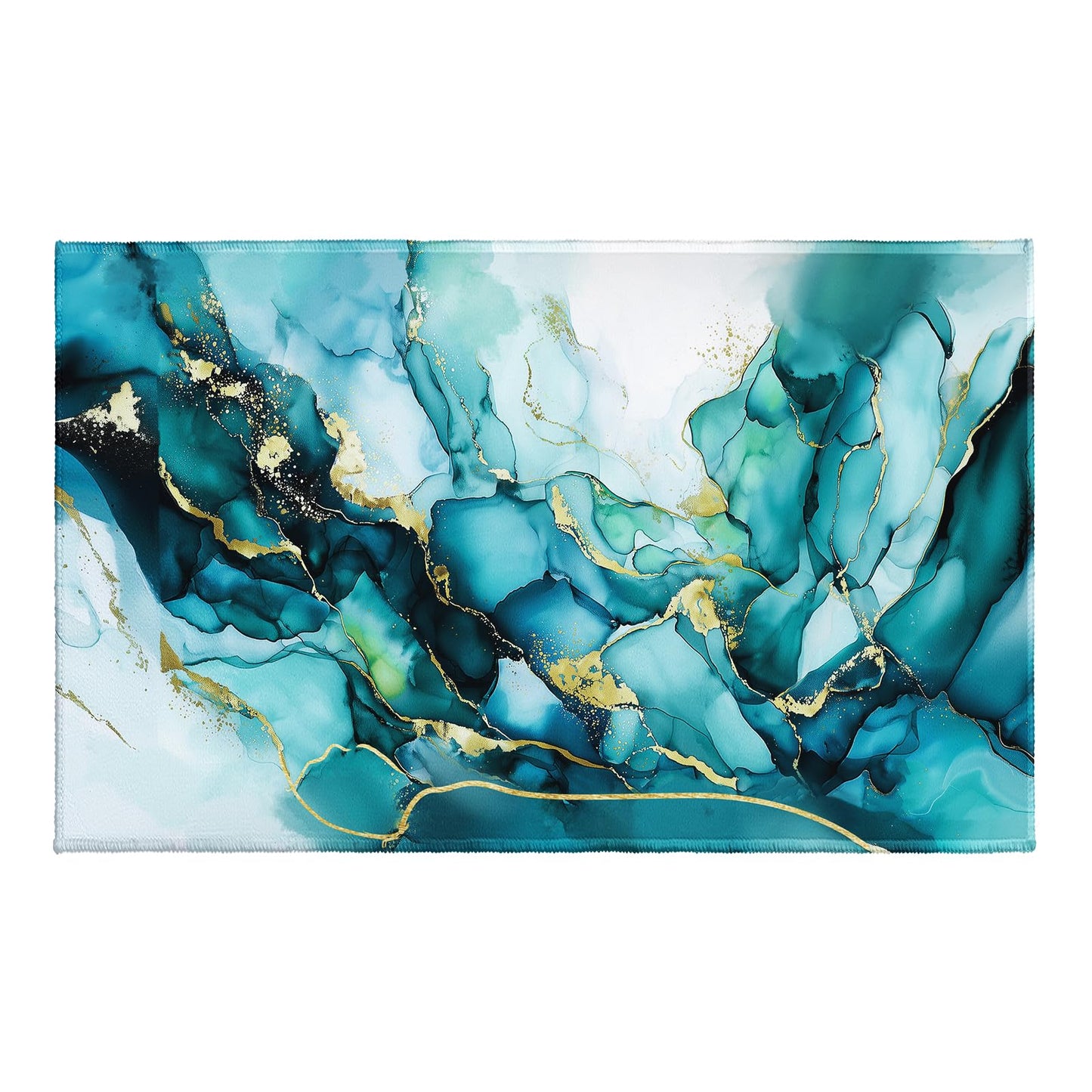 Evlaschin Teal Blue Marble Bath Rug, Abstract Marbling Print Bathroom Mats 32x20 Inch, Luxury Turquoise Gold Non-Slip Absorbent Bathroom Rugs for Bedside Shower Room Bathtub Kitchen Sink
