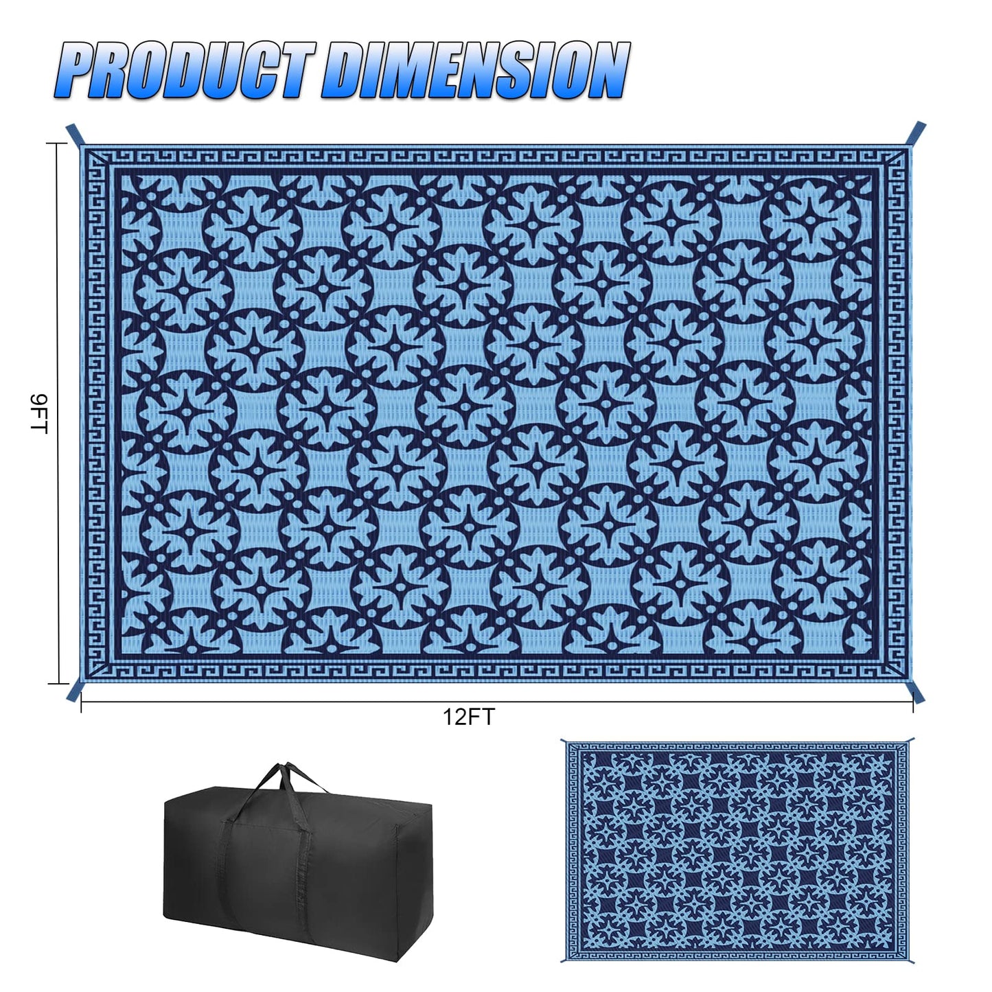 TIPHOPE 9X12FT RV Outdoor Rug with Carrying Bag, Portable Patio Mats Waterproof Outdoor Camping Rugs for Outdoor, Patio, RV, Picnic, Beach, Backyard, Deck,Easy Clean
