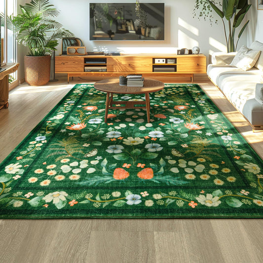 Rtizon Area Rugs for Living Room, Non-Slip 4x6 Washable Rug for Bedroom,Vintage Floral for Entryway Office Kitchen Dining Room, Green