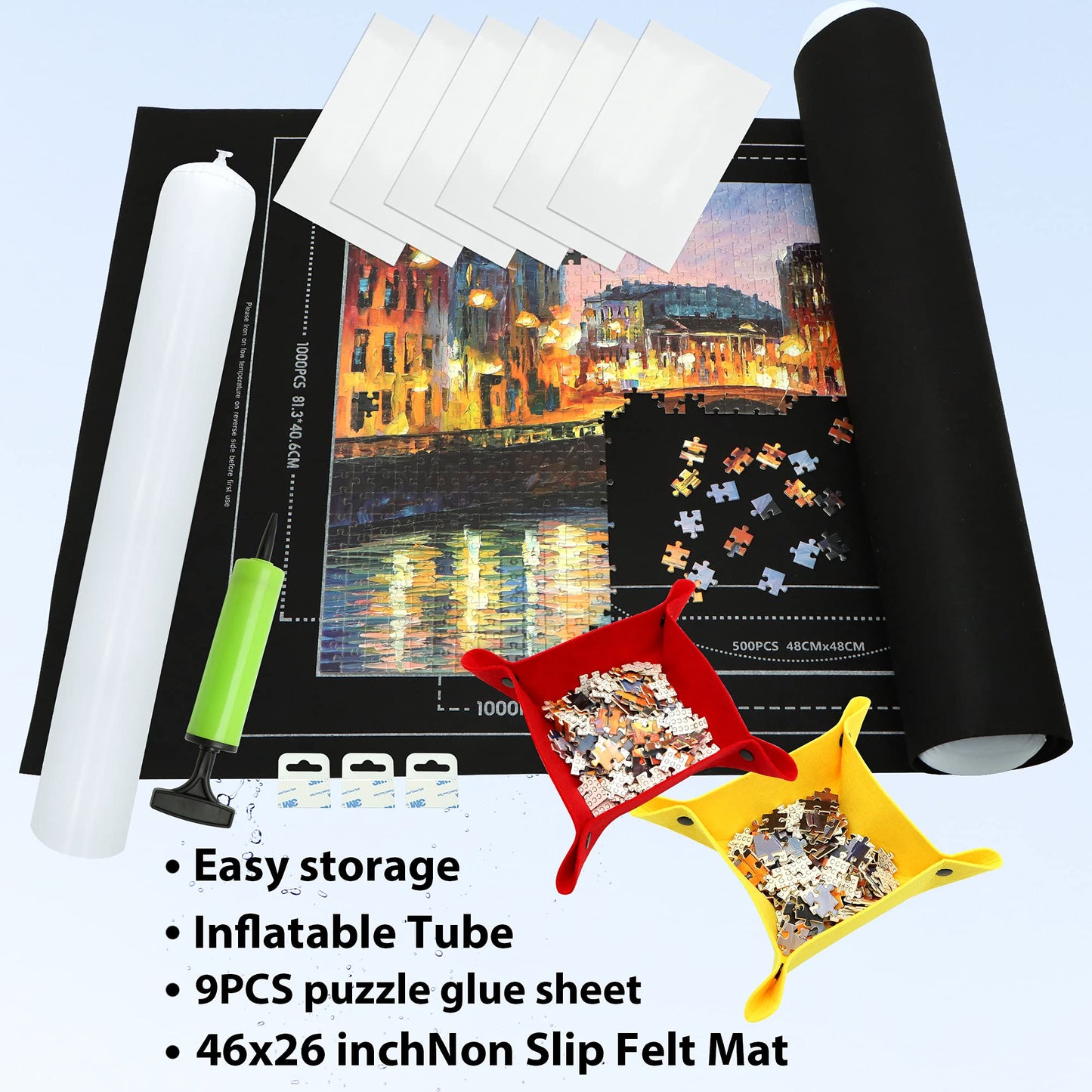 Portable Puzzle Mat Roll Up - with 9 Glue Sheets, Sorting Trays, Hand Pump, Inflatable Tube, and Storage Bag - Perfect for Kids and Adults (Black, 1500pcs)