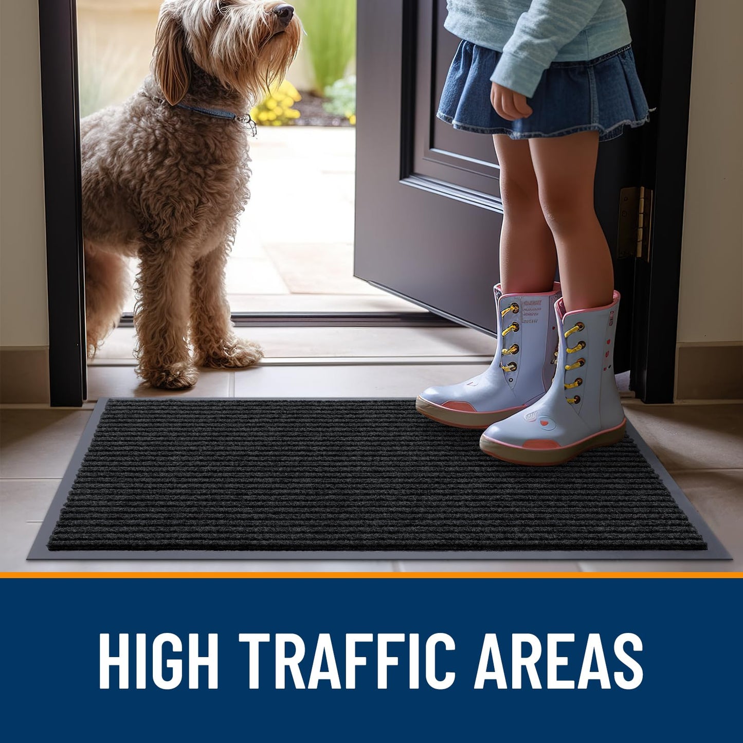OLANLY Front Door Mat Indoor Outdoor Entrance, Waterproof Heavy Duty Doormat, Fade Resistant, Low Profile, Easy Clean Patio Porch Welcome Floor Mats for Entry, 71x30, Black