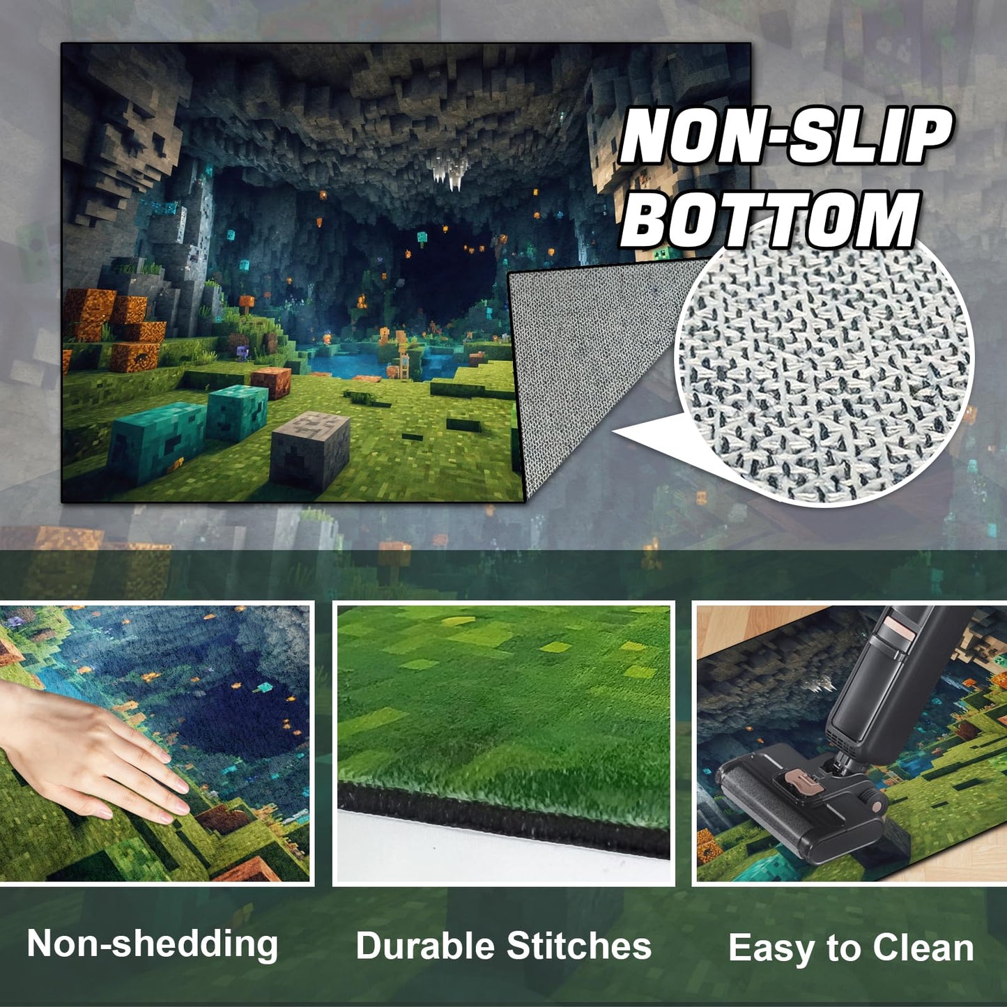 Block Game Rug Teen Kids Carpet, Pixel Games Scene Decoration Mat, Washable Game Rugs for Boy’s Bedroom Living Room Playroom, Non-Slip Children Gaming Area Rugs (Green Grass Karst Cave, 60" x 40")