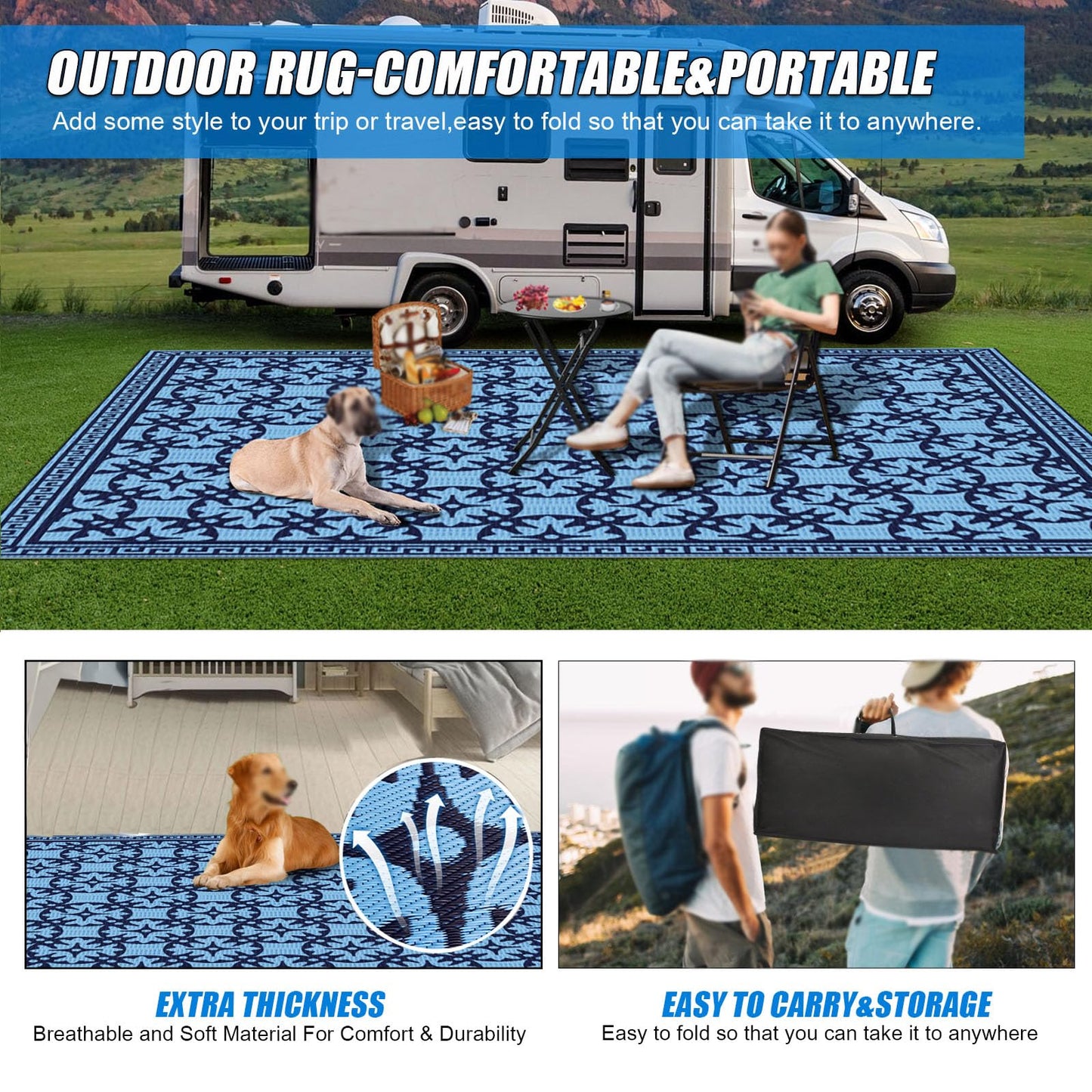 TIPHOPE 9X12FT RV Outdoor Rug with Carrying Bag, Portable Patio Mats Waterproof Outdoor Camping Rugs for Outdoor, Patio, RV, Picnic, Beach, Backyard, Deck,Easy Clean