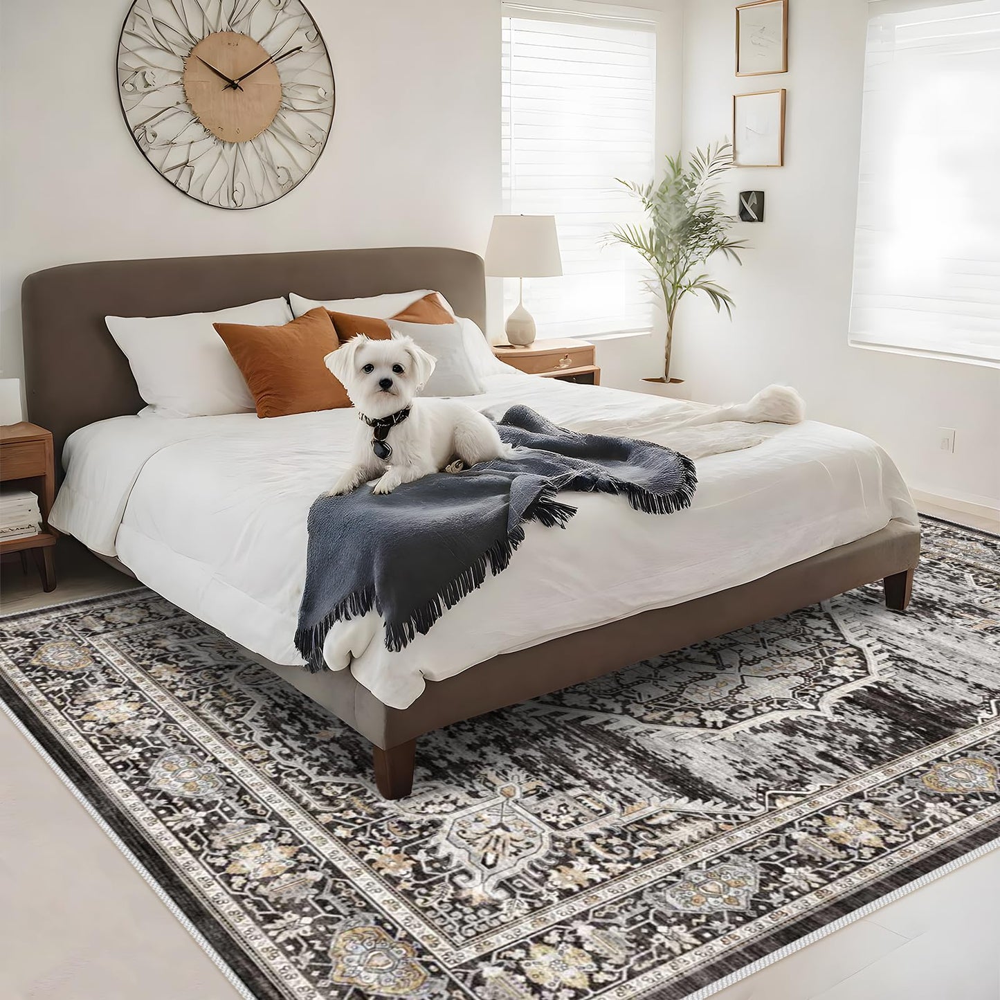8x10 Rug Washable Area Rugs: Large Soft Living Room Rug - Distressed Stain Resistant Floor Carpet - Machine Washable Foladable Low Pile Area Rugs 8'x10' Black