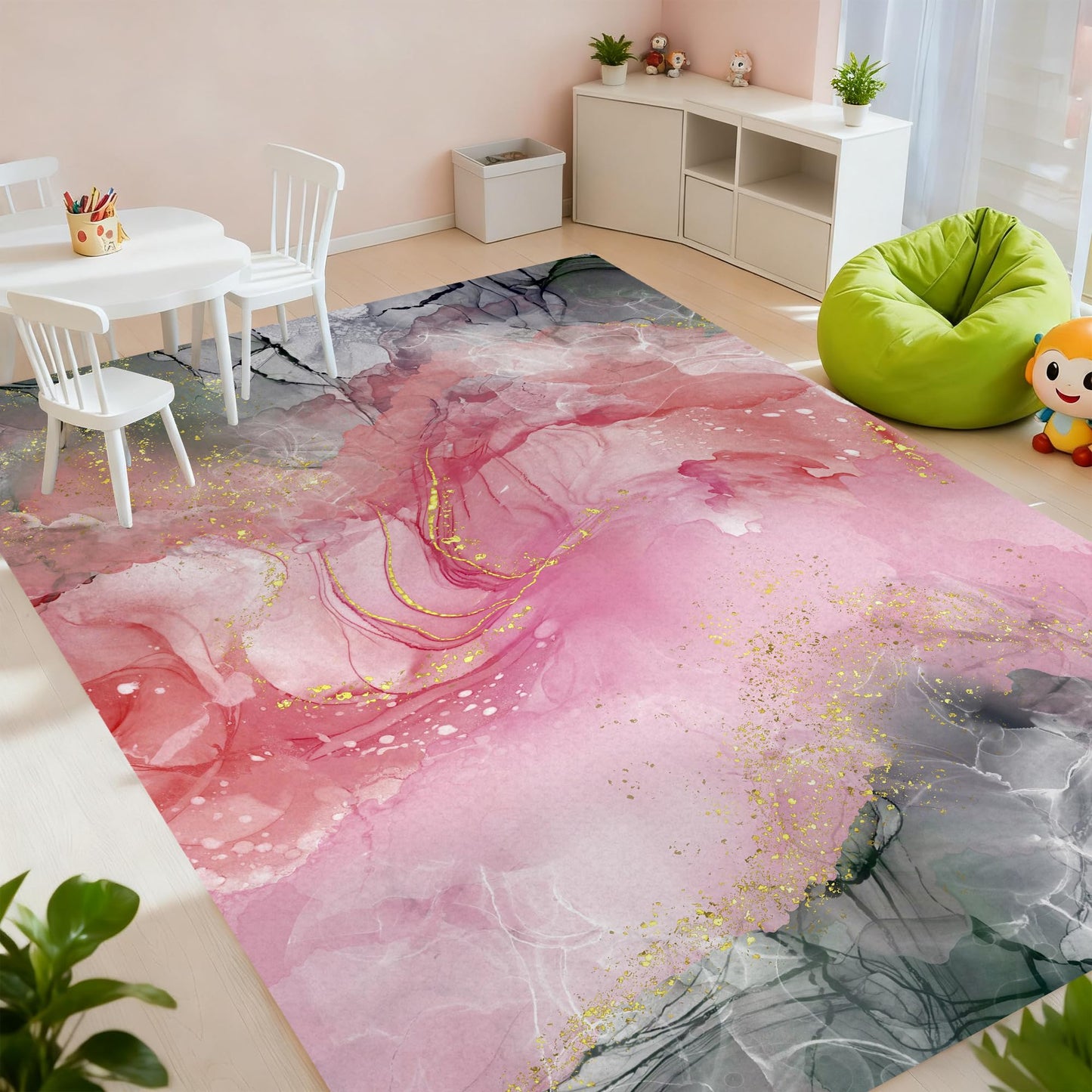 VTKON Pink Grey Marble Rug for Bedroom Marbled Texture Area Rug Tie-Dye Pink Gold Floor Mat for Living Room Dining Room Modern Carpet for Girls Women Room Decor, 4'x6'
