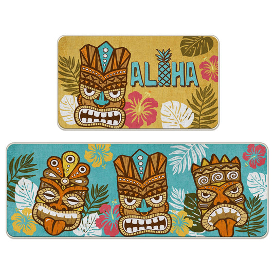 Tailus Aloha Summer Tiki Kitchen Rugs Set of 2, Tropical Palm Leaves Yellow Blue Kitchen Mats Decor, Hawaii Hibiscus Flower Pineapple Seasonal Floor Door Mat Home Decorations -17x29 and 17x47 Inch