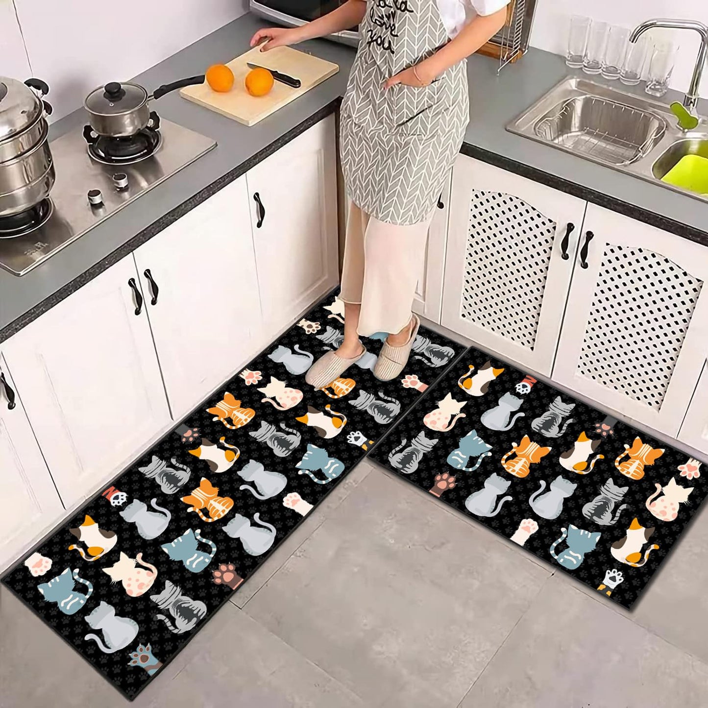 JWXCBIM Cat Kitchen Rug 2 Piece Set, Country Farmhouse Style Decor Kitchen Floor Mat, Non-Slip Absorbent and Washable Runner Rug, Funny Cat Black Kitchen Decorations 17x30+17x47 Inches