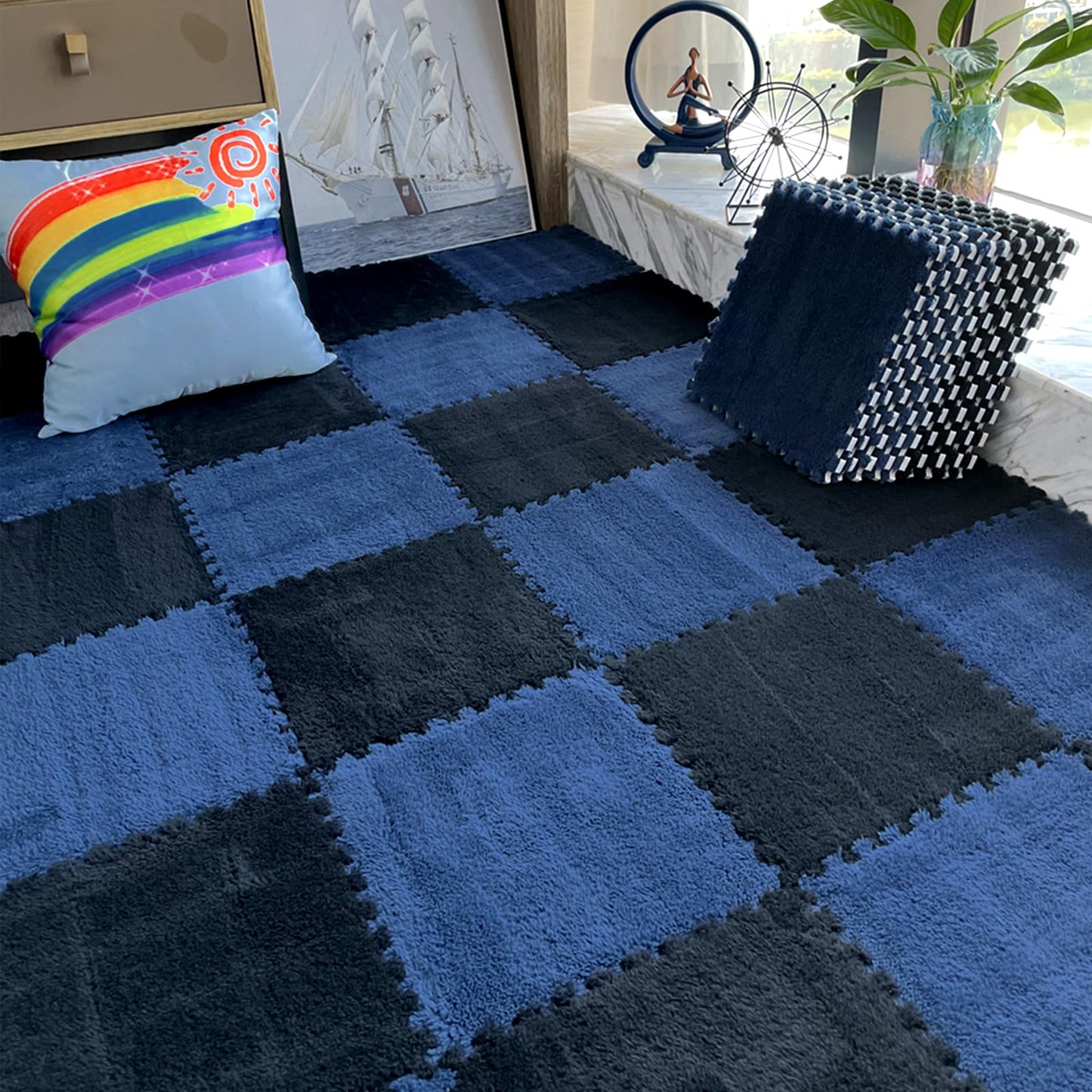 Jaderlu 16pcs 0.6" Thickened Interlocking Tile Mats,Fluffy Shaggy Soft EVA Foam Area Rug for Living Room&Bedroom,Non-Slip Protective Floor Carpet Play Mat Kids Baby Dorm Home Decor 11.8ft (Navy Blue)