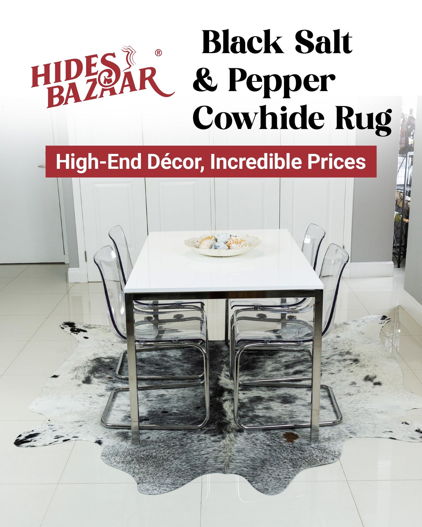 HIDES BAZAAR Black Salt and Pepper Cowhide Rug Premium Black and White Rugs for Living Room & More - Unique Black and White Rug Made Tanned Leather Cow Hides - Cow Hide Rugs 5x7 ft