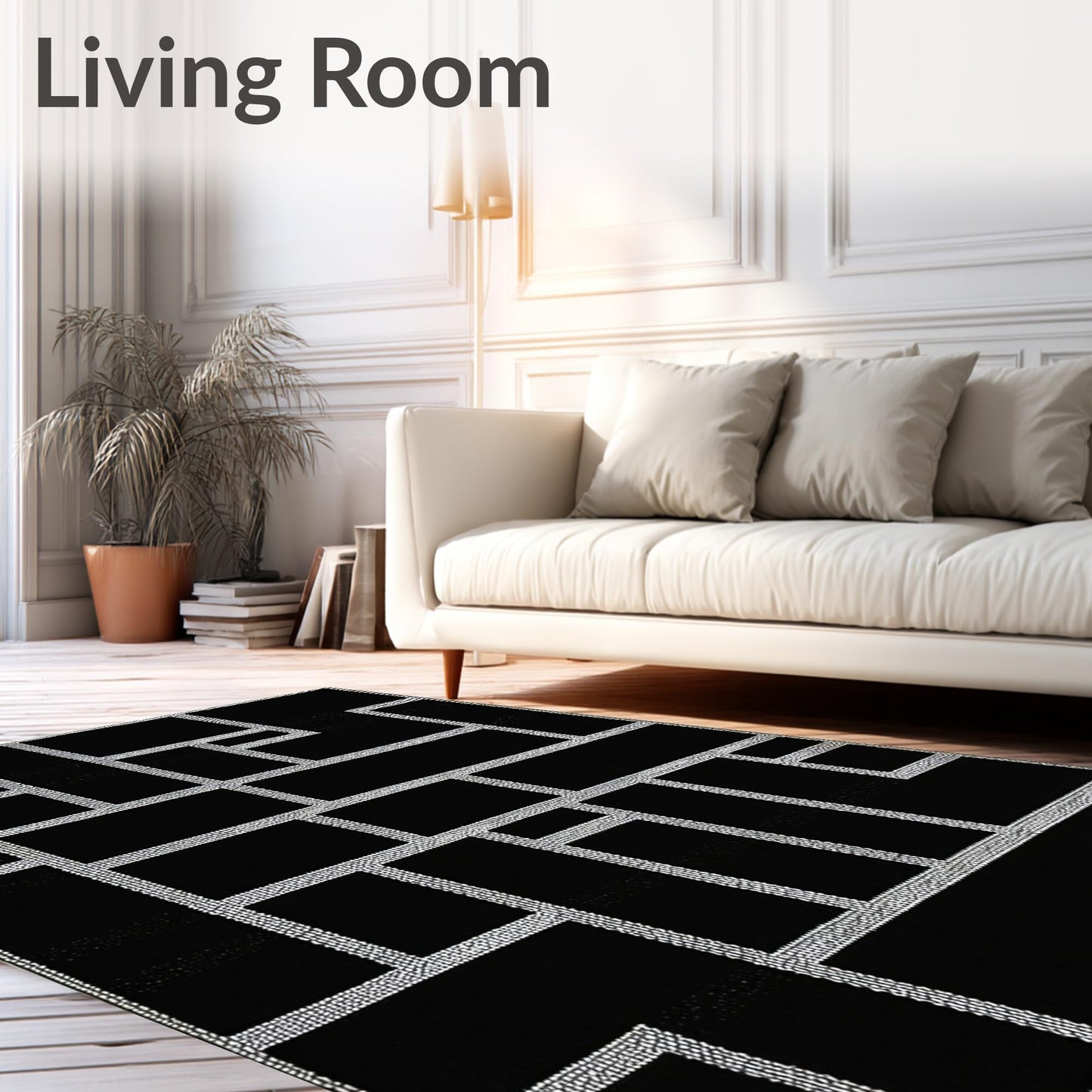 ODIKA Flatwoven High Traffic Area Rug 4x6, Acoustic Sound Absorbing Tiles for Studios & Apartments, Non Slip, Stain Resistant, Washable Area Rugs for Living Room, Bedroom (Black, 4x6)