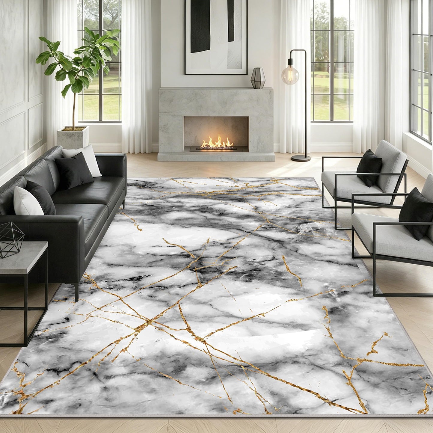 Merelax 6x9 Area Rug for Livingroom Bedroom - Washable Non-Slip Large Grey Rug, Indoor Floor Carpet Low Pile Soft Rug for Dining Room, Mudroom, Modern Aesthetic Abstract Geometric Decor, Gray&Gold