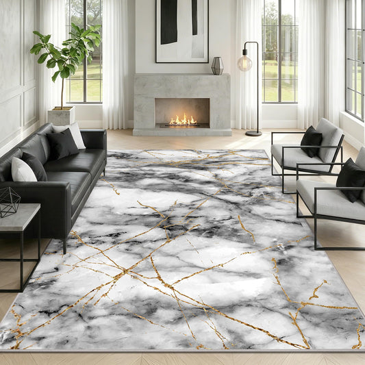 Merelax 6x9 Area Rug for Livingroom Bedroom - Washable Non-Slip Large Grey Rug, Indoor Floor Carpet Low Pile Soft Rug for Dining Room, Mudroom, Modern Aesthetic Abstract Geometric Decor, Gray&Gold