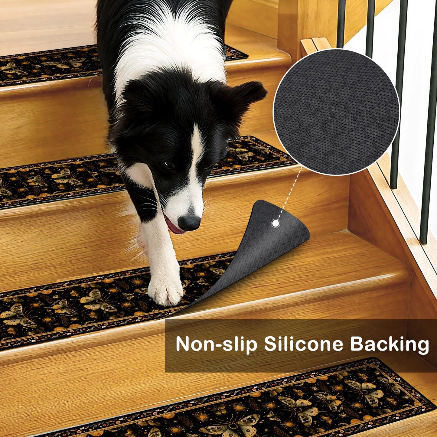InIsaJace Stair Treads for Wooden Steps, 15 Pack Moth Stair Runners Covers Non Slip Indoor 8" X 30", Washable Carpet Rugs with Silicone Backing for Kids Elders and Dogs