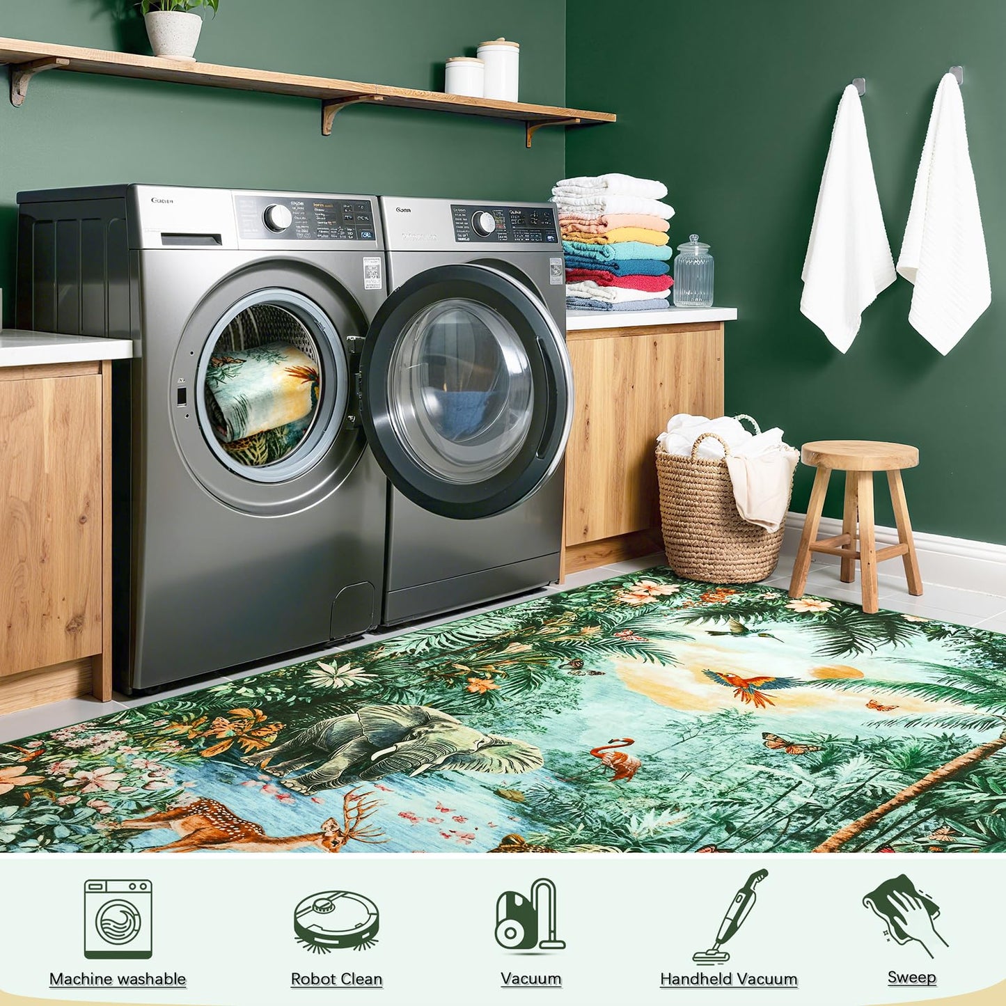 Amearea Jungle Print 5x7 Area Rug for Living Room, Washable Green Rugs for Bedroom, Forest Animal Rug Low Pile Kids Nursery Room Rug, Leopard Rugs Carpet for Boys Girls Playroom Dining Room Decor