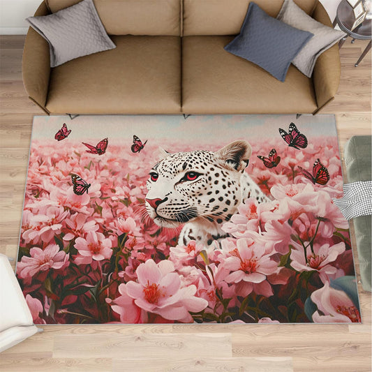 White Leopard Area Rug 3x5ft Floral Rug, Pink Flower Rugs for Living Room, Machine Washable Rugs, Indoor Non-Slip Carpet for Bedroom Dorm Classroom Decor