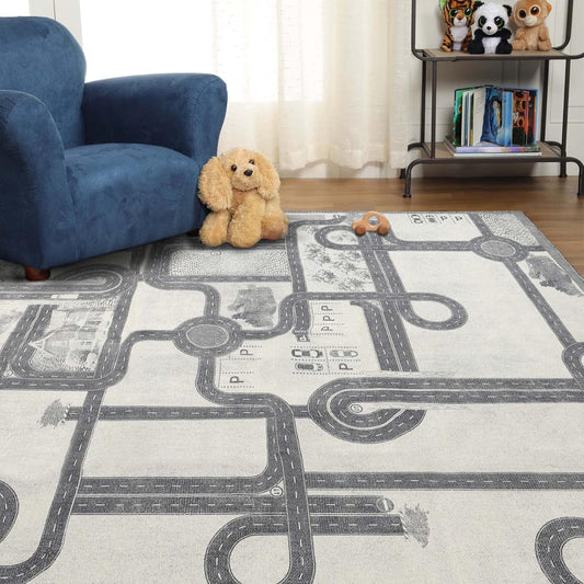 Superior Indoor Kids Rug, Washable, Non-Slip, Multi Color Playmat, Perfect for High Traffic Playroom, Perfect for Daycare Kids Room or Bedroom, Country Road Kid Rug Ivory - Z 4' x 6'
