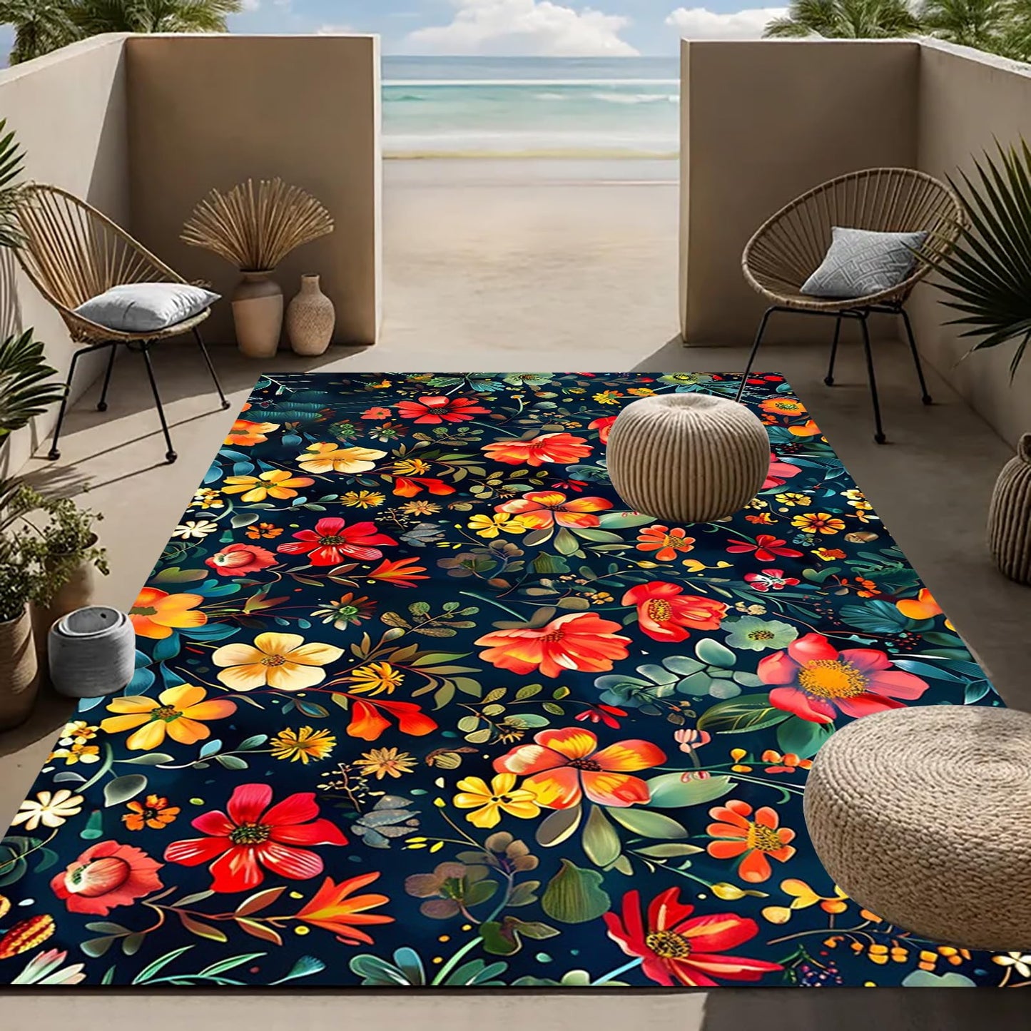 Retro Floral Outdoor 2x3 Area Rug for Patio Porch Balcony Garden Deck Washable Waterproof Large Carpet Tropical Boho Red Orange Flower Print Front Yard Camping Easy Clean Non Skid Picnic Camping Mat
