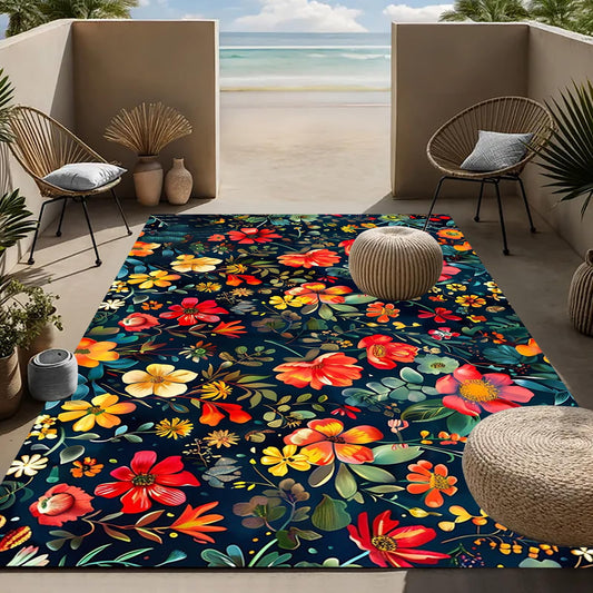 Retro Floral Outdoor 2x3 Area Rug for Patio Porch Balcony Garden Deck Washable Waterproof Large Carpet Tropical Boho Red Orange Flower Print Front Yard Camping Easy Clean Non Skid Picnic Camping Mat