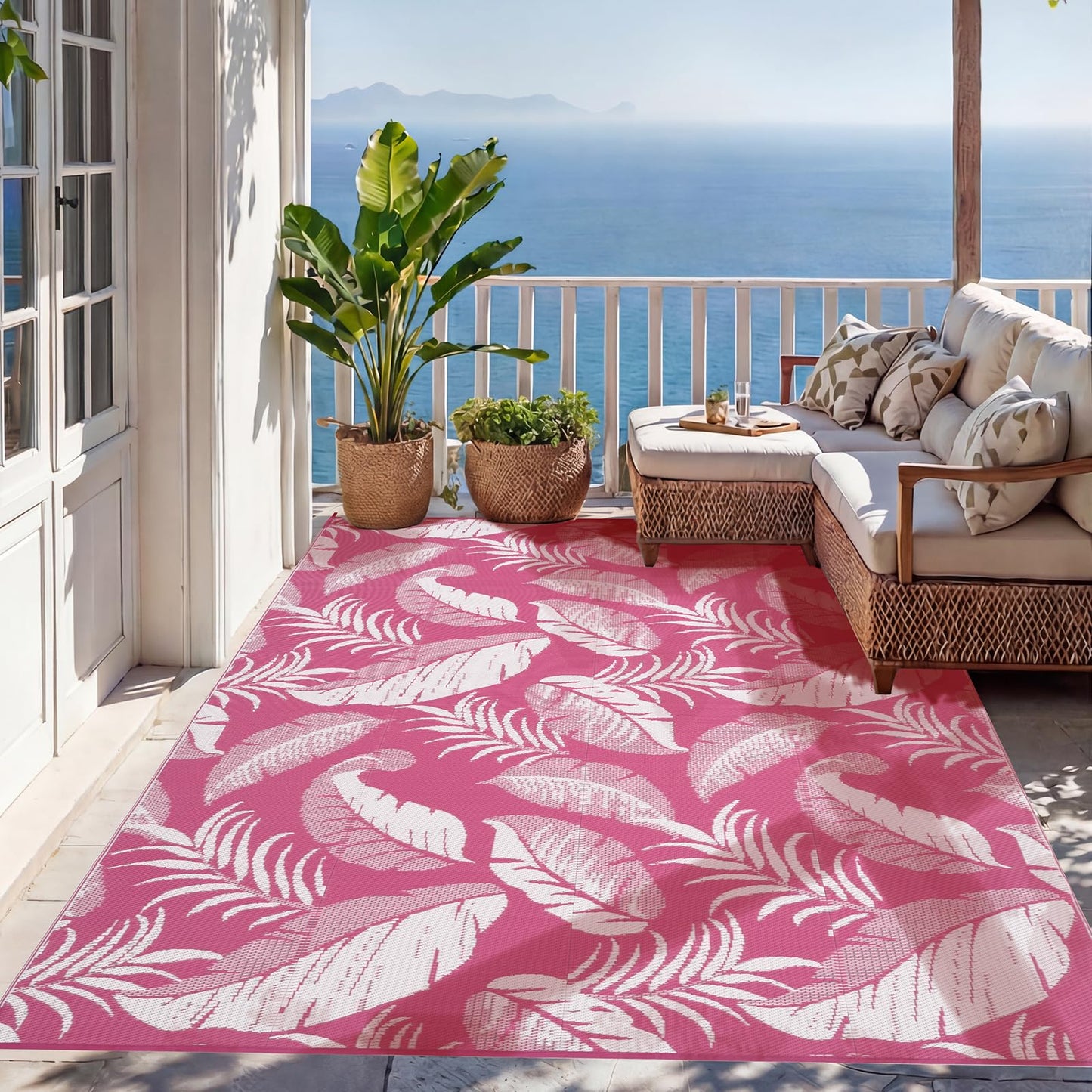 OPPODREAM Reversible Outdoor Rug 5x7, Waterproof Outdoor Plastic Straw Rug for Patio, Tropical Leaf RV Camping Rugs for Outside, Deck, Balcony, Porch, Backyard, Camping, Rv, Pink and White