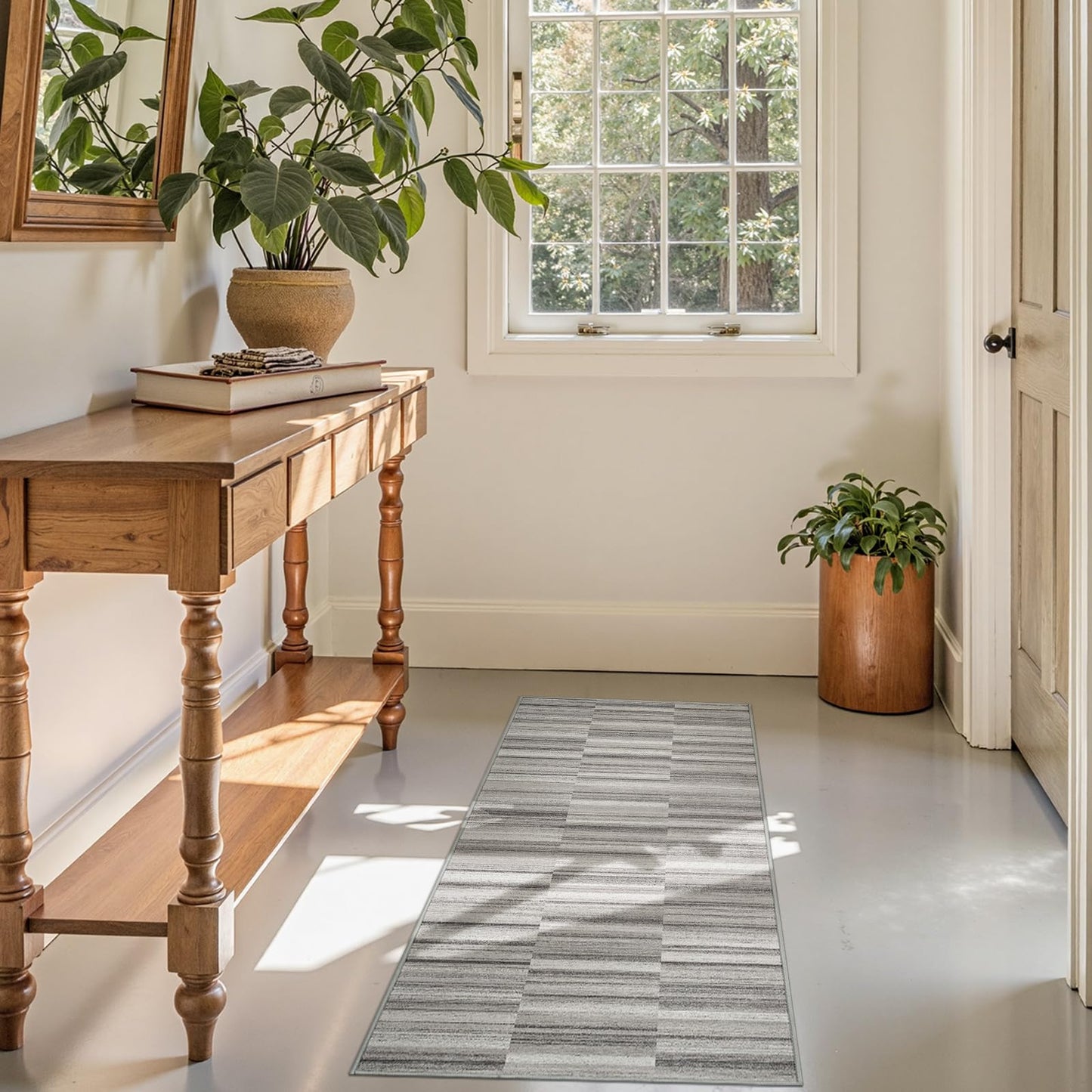 jinchan Hallway Runner 2x6 Geometric Ultra-Thin Machine Washable Rug Grey Non Slip Lightweight Modern Striped Abstract Rug for Bedroom Kitchen Floor Living Room, Gray