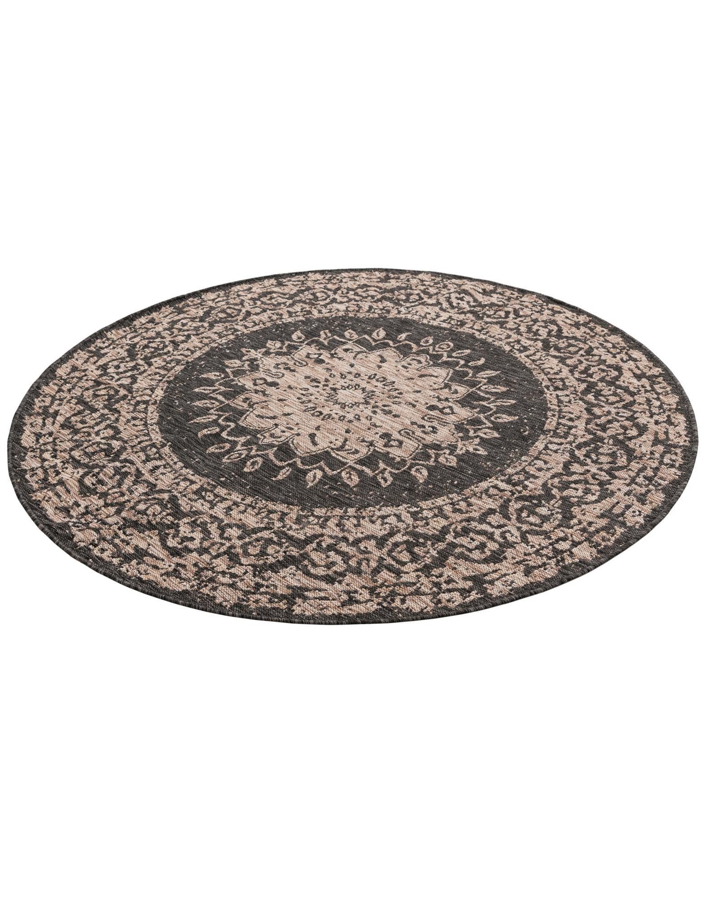 Rugs.com Outdoor Traditional Collection Rug – 6 Ft Round Black Flatweave-Pile Rug Perfect for Kitchens, Dining Rooms