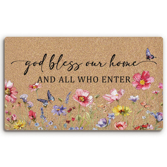 BitKAM Christian Floral Coco Coir Doormat Door Welcome Mat for Home Entrance Front Door, God Bless This Home All Who Enter, Bible Verse Wildflower Floor Mats for Outdoor Outside Entryway 30x17 Inch