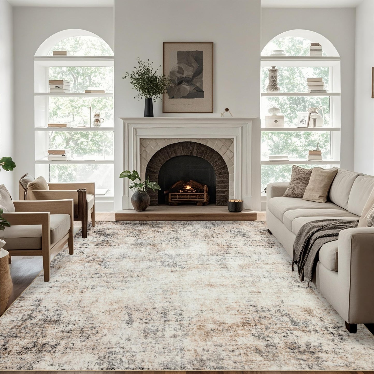 Washable Abstract Living Room Rugs: 8x10 Modern Neutral Indoor Rug for Bedroom Dining Room - Soft Thin Rubber Backing Easy Clean Floor Carpet Contemporary Home Decor - Beige Brown