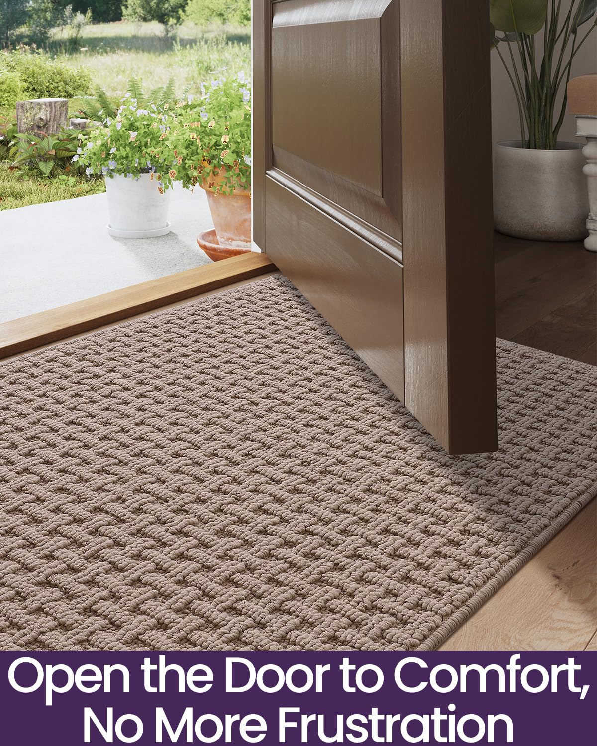 DEXI Washable Door Mat Indoor Entrance, 17x30 Dirt Trapper Front Entryway Doormat Absorbent, Inside Entry Way Mats Non Slip Rubber Backing for Backdoor Home Floor Area, Beige