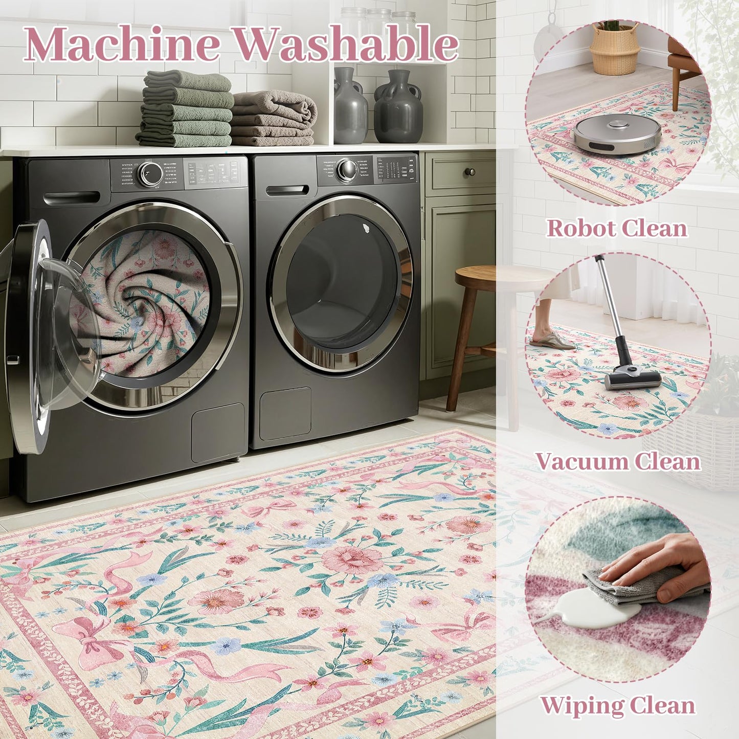 Kiginara Coquette Pink Bow Rug 5x7, Washable Floral Area Rug for Girls Bedroom & Nursery, Soft Low Pile Non Slip Carpet for Kids Room, Dorm, Playroom, Living Room