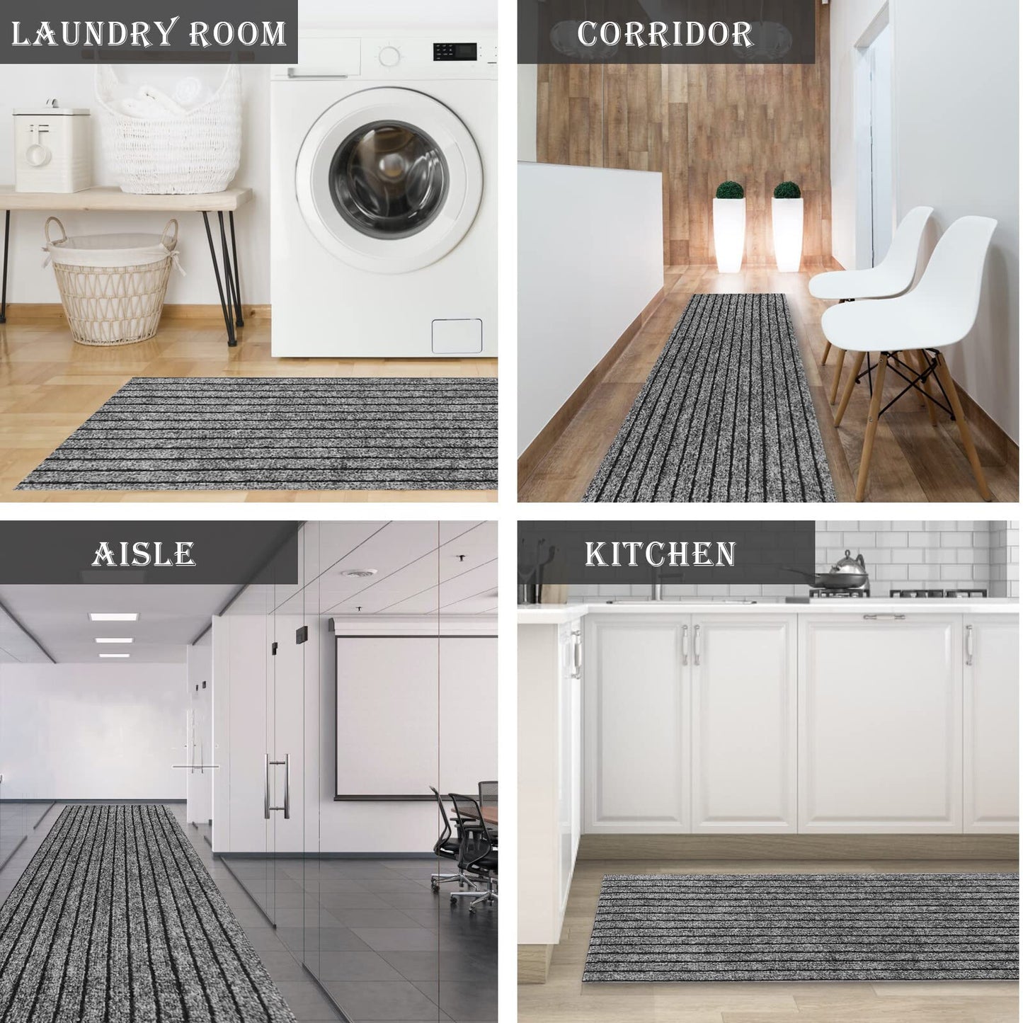 AYOHA Runner Rug 2' x 6' Indoor/Outdoor Carpet for Hallway Kitchen Entryway Patio Lobby Garage Deck Area Rugs with Natural Non-Slip Rubber Backing, Gray/Black Strip (Available for Custom Sizes)