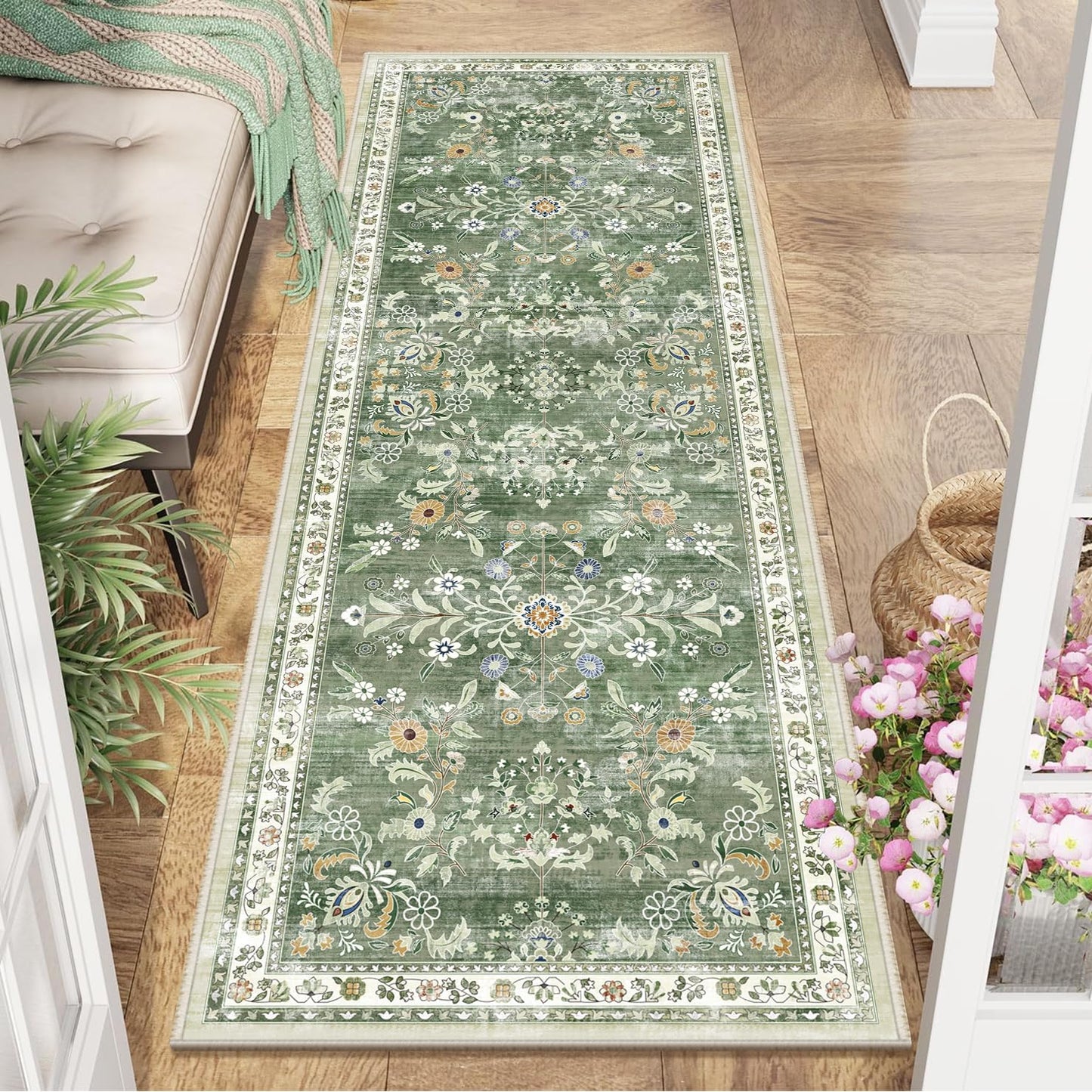 Yamaziot Washable Runner Rug 2x6 – Non Slip Boho Floral Hallway Runner Rug with Rubber Backing, Low Pile Faux Wool Distressed Carpet for Kitchen, Laundry, Bedroom, Entrance, Mottled Green