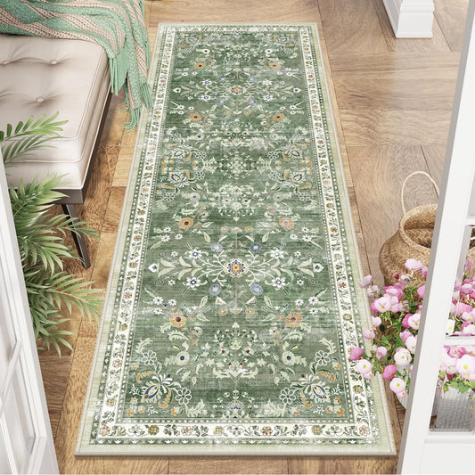 Yamaziot Washable Runner Rug 2x6 – Non Slip Boho Floral Hallway Runner Rug with Rubber Backing, Low Pile Faux Wool Distressed Carpet for Kitchen, Laundry, Bedroom, Entrance, Mottled Green