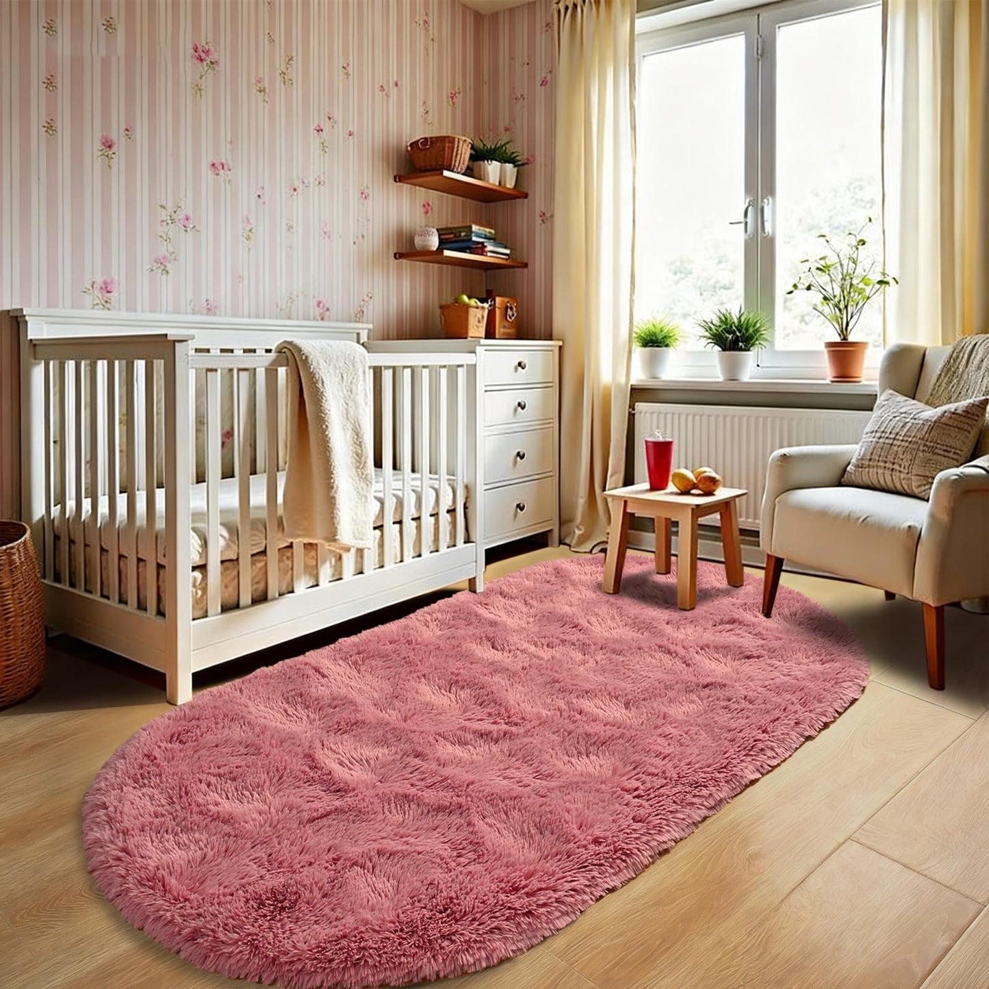 LOCHAS Bedroom Rug 2.6' x 5.3', Blush Fluffy Shaggy Area Rug for Bedroom Bedside, Soft Oval Throw Rugs Carpet for Kids Girls Nursery Living Room Home Decor