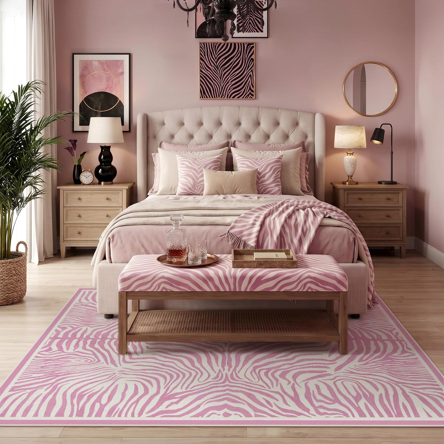 Tribesigns Pink Zebra Print 5x7 Area Rugs, Abstract Washable Rug, Modern Soft Non-Slip Rug for Girls Bedroom, Nursery, Living Room, Dorm and Kids Playroom, Boho Animal Striped Non-Shedding Carpet