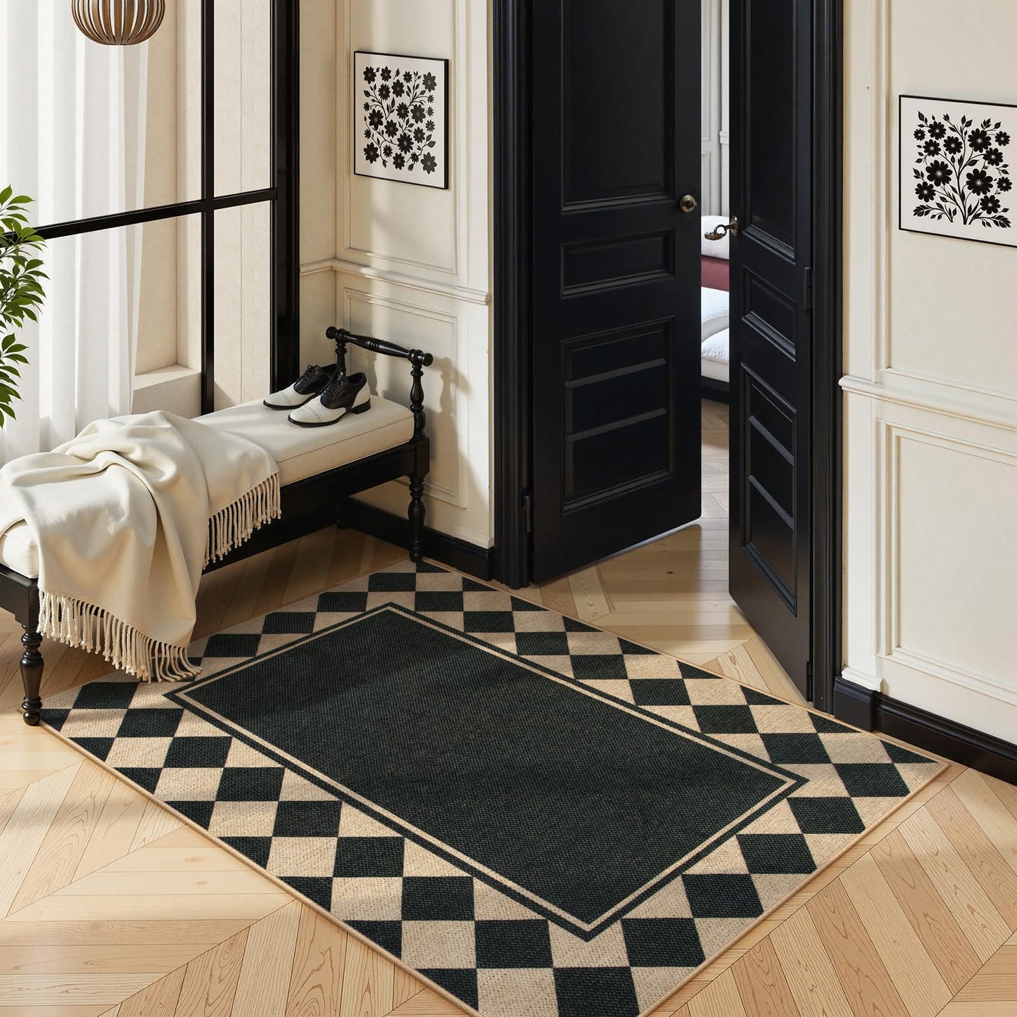 Moynesa Checkered Easy Jute Outdoor Patio Rug 3x5, Washable Indoor Outdoor Rugs for Entryway Non Slip, Farmhouse Carpet for Living Room Bedroom Kitchen Backyard Porches, Black Grid Pattern