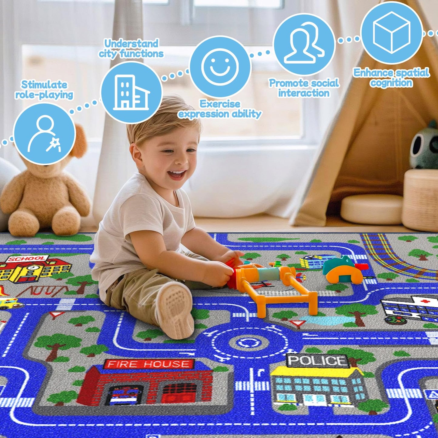 Ythropon Kids Rug Car Play Mat 6.6'x5.0',Blue Kids Rug for Toy Cars,Non-Slip Town City Map Carpet Play Mat,Traffic Road Kid Educational Learning Car Rugs for Children Room Playroom Nursery