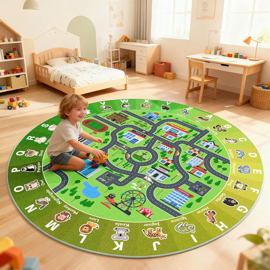 Kids City Road Car Play Rug Round ABC Alphabet Educational Play Mat,47x47'' Non-Slip Town City Map Kids Rug for Bedroom & Playroom Car Play Carpet Track Road Rugs Washable