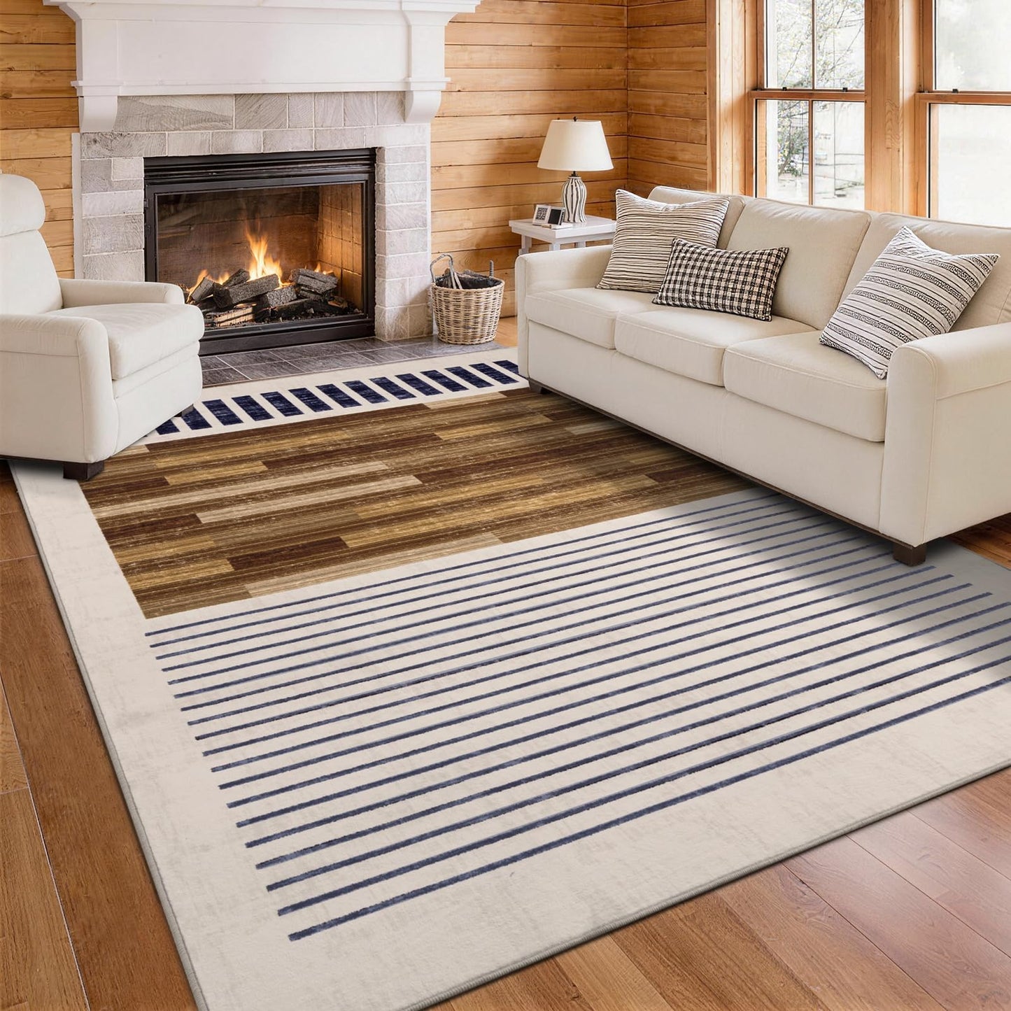 YIHOUSE Washable Area Rug 5x7 Modern Striped Lines Black and Brown - Living Room Rugs Low Pile Non-Slip - Black and White Rug for Bedroom Farmhouse Hardwood Decor