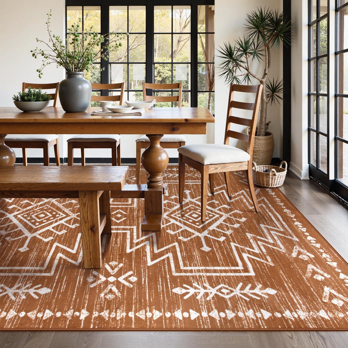 Lahome Vivienne 8x10 Boho Rugs for Living Room, Washable Western Burnt Orange Large Area Rug for Bedroom Dining Room, Soft Stain Resistant Aztec Carpet Fall Rug for Guestroom Office