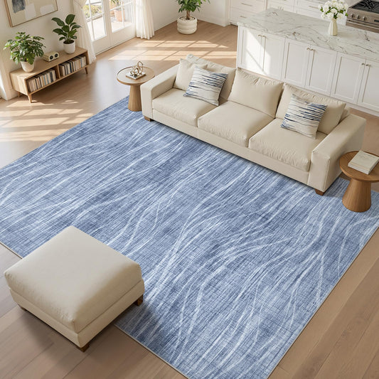 WITSHOCK 9x12 Area Rug, Washable Rugs for Living Room, Large Rug Thin Carpet Non Slip Stain Resistant Soft Carpets, Modern Wave Striped Rugs for Bedroom Dining Room Office Kitchen Nursery, Blue